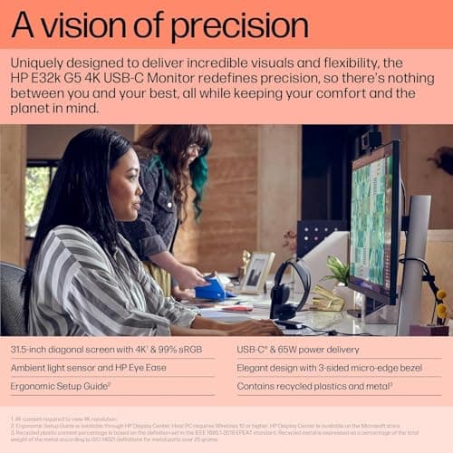 HP E32k G5 32" 4K USB-C Monitor with 5ms Response Time, Anti Glare, Flicker Free, VESA Mount (100mm), Displayport, HDMI & Dockztorm USB Port Expander, Black/Silver Color (6N4D6AA#ABA) 6