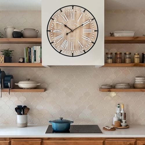 MICWIC 24 Inch Grand Farmhouse Wall Clock, Vintage-Inspired Wood & Metal Design with Large Etched Numbers, Silent Battery-Powered Timepiece for Offices, Kitchens, Bedrooms, and Living Rooms 6