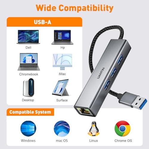 UANTIN USB 3.0 to Ethernet Adapter Gigabit | 3-Port USB-A 3.0 Hub with 10/100/1000 RJ45 Adapter,Aluminum 4-in-1 USBA to LAN Network Converter for Surface Pro,Chromebook,Dell and Laptop 6