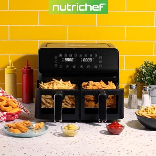 Nutrichef Double Basket Air Fryer 8.8 QT | Family Size Oil Free Airfryer with Transparent Window | 9-1 Preset Cooking Options | 360° Hot Air Circulation Technology | 4.4 QTs per Basket | Black 7