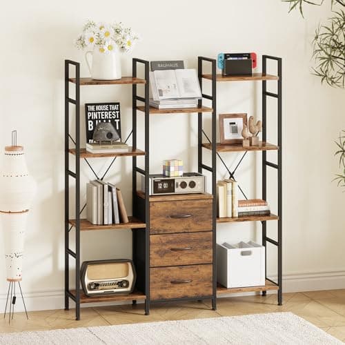 AFLUI Triple Bookshelf with 3 Fabric Drawers, 4-Tier Book Shelf and 10 Display Shelves, Industrial Large Bookcase for Home & Office, Rustic Brown, 53'' Tall