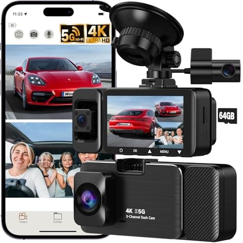 3 Channel 4K Dash Cam, Dash Cam Front and Rear Inside 170°/150°/150° Wide Angle View, Dash Camera for Cars with 64GB Card Included, Loop Recording, Night Vision, G-Sensor, 5GHz WiFi, 24Hr Parking