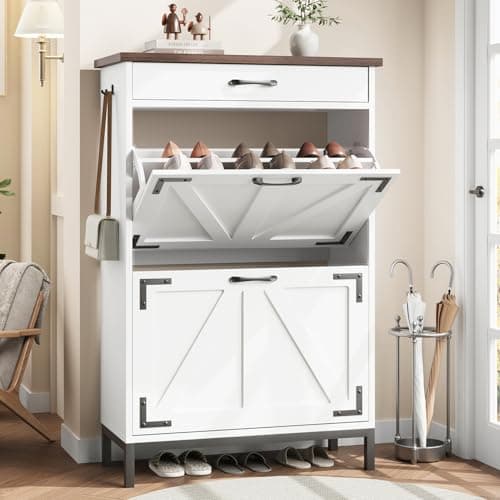 Shoe Cabinet Storage for Entryway Hidden Shoes Storage Cabinet Farmhouse Narrow Shoe Organizer Cabinet with 2 Flip Drawers, Free Standing Slim Shoe Cabinet for Door Entry, Foyer, Hallway, White
