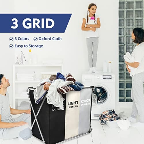 180L Laundry Basket Sorter, Large 3 Section Collapsible Laundry Hamper for Laundry Room Organization, 28" x 21"x 15" Dirty clothes Hamper Bag for Bedroom Blanket Storage Organizer (3 Section Black) 6