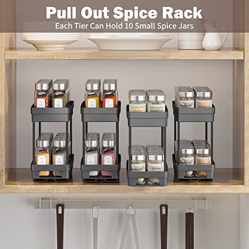 2 Pack Pull Out Spice Rack Organizer for Cabinet, Slide Out Spice Racks Organizer, Spice Cabinet Organizers, Cabinet Size Need:12'' Highx11'' Deepx5'' Wide,Hold 10 Spice Jar Each Tier-2Tier, Black 8