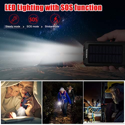 Durecopow Solar Charger Power Bank, 8000mAh Portable Outdoor Waterproof Solar Battery Charger, Camping External Backup Battery Pack USB C Ports Input/Output, 2 Led Light Flashlight with Compass (Red) 5