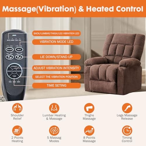 Sweetcrispy Power Lift Recliner Chair with Vibration Massage and Heat for Adults, Ergonomic Overstuffed Breathable Fabric Reclining Chair with Side Pockets, Remote Control, Living Room, Bedroom, Brown 5