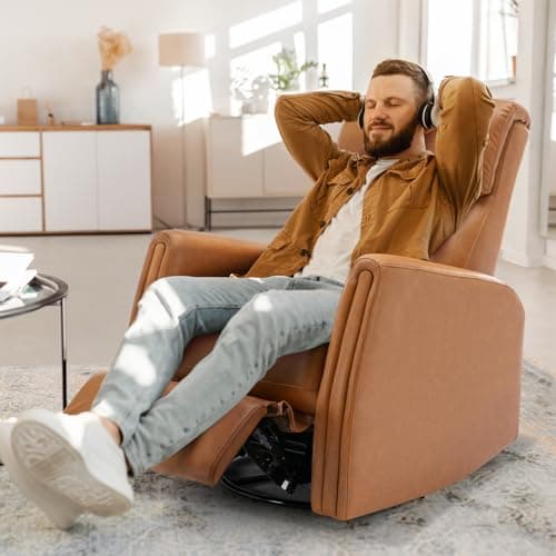 COLAMY 270 Power Swivel Glider Recliner Chair with Removable Mobile & iPad Holders, PU Leather Reclining Rocker with Built-in USB & Type-C Charging Ports for Nursery, Living Room & Office, Brown 8