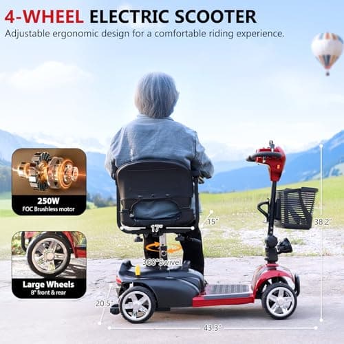Powered Mobility Scooter, 265 lbs All Terrain Foldable Electric Scooter for Adults,Travel,Long Range Power Extended Battery with Charger,Basket and LED Light (Red) 6