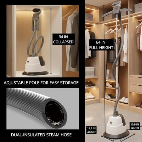 SALAV® Standing Steamer with Garment Hanger, 1.3L Water Tank for 1 Hour Continuous Steaming, Heats in 45 Seconds, Double-Insulated Steam Hose (Black, Garment Steamer) 8