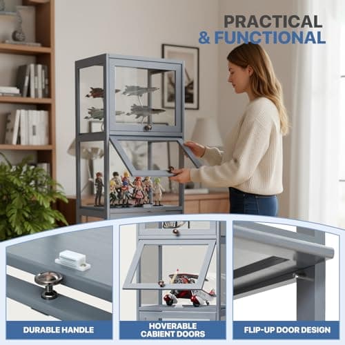 Magshion Display Cabinet, 4-Tier Curio Cabinet with Acrylic Doors, 55" Tall Display Case for Collectibles, Showcase for Living Room, Bedroom, Playroom, Grey, 13" D x 16" W x 55" H 5