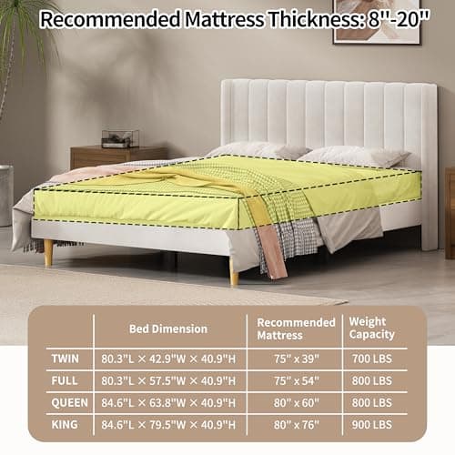 QNZK Queen Size Upholstered Platform Bed Frame with Modern Wingback & Vertical Panel Headboard, Velvet Fabric, Wooden Legs & Slats Support, No Box Spring Needed, Noise-Free & Easy Assembly, Cream 9