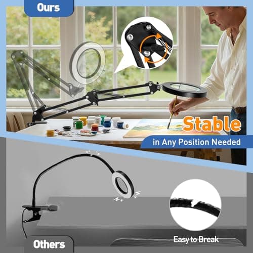 HITTI 10X Magnifying Glass with Light, 1,800 Lumens Stepless Dimmable, 3 Color Modes, 4.2″ Real Glass Lens LED Desk Lamp & Clamp, Magnifier Light and Stand for Crafts, Soldering, Fly Tying, Close Work 6