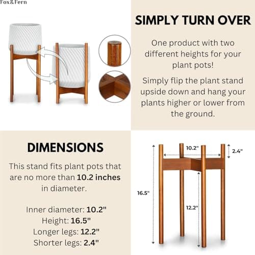 Fox & Fern Mid Century Tall Plant Stand — 10 Inch Fixed Size Raised Wooden Plant Stand for Indoor Planters (Not Included); Modern Flower Pot Holder with Plug In Design; Easy to Assemble - Acacia 5
