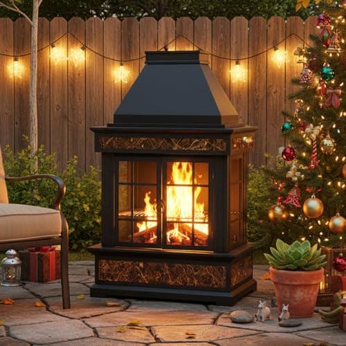 EROMMY 57" Outdoor Fireplace, Tile Finish Wood Burning Steel Fire Pit with Removable Ash Pan & Grate, Chimney, Fire Poker, Rain Cover, Idea for Backyard, Patio, Party 7
