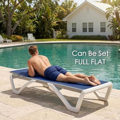 Kozyard Outdoor Chaise Lounge Chair, Full Flat Adjustable Patio Lounger with Aluminum Frame & Resin Legs, Textilene Fabric for Poolside, Backyard & Beach (NavyBlue, 2Chairs with Table) 7