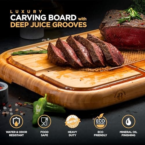 Meat Cutting Board - Large 18"x12" Reversible Bamboo Carving Board for Turkey - Heavy Duty Butcher Chopping Block with Deep Juice Groove, Spikes, & Grip, Kitchen Platter, Christmas Gift 6