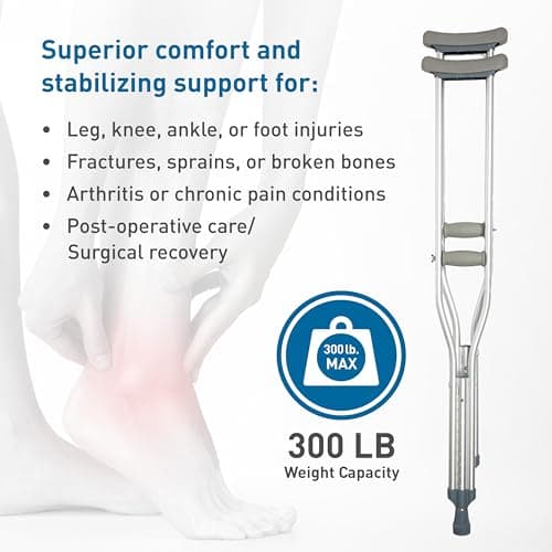 BodyMed Aluminum Crutches, Tall (Pair) - Adjustable Height (5'10" - 6'6"), Lightweight Design, Padded Underarm Cushions & Hand Grips, Non-Slip Rubber Tips - Supports Up to 300 Pounds 5