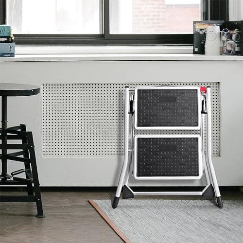 Delxo Portable Collapsible Lightweight Alloy Steel 2 Step Mini Stool Stepladder with Anti Slip Carry Hand Grip and Wide Pedal for Indoor Use, White 7