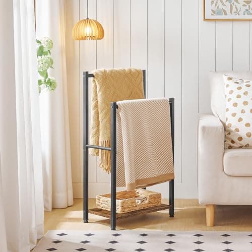 HOOBRO Free Standing Towel Rack for Bathroom, 2 Tier Blanket Rack, 16.5" L x 9.4" W x 31.5" H, Blanket Holder, Drying and Display Rack with Shelf, Rustic Brown and Black BF02LB01 5