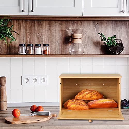HOMEKOKO Vintage Large Wood Bread Box for Kitchen Counter, Retro Design Single Layer Bamboo Large Capacity Food Storage Bin (Natural Bamboo) 7