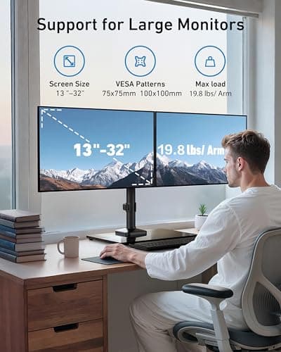 HUANUO Freestanding Dual Monitor Stand, 32 Inch Dual Monitor Mount for 2 Screens, Holds up to 19.8 lbs per Arm, Gaming Monitor Arm Riser with Tempered-Glass Base, Tilt, Swivel, Rotation, Black 2