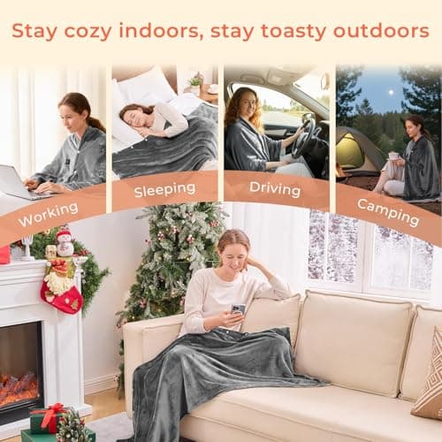 JOLLYVOGUE USB Heated Blanket Throw, Wearable & Portable Heating Electric Blanket for Adults, 3 Levels & 8 Heating Zone Shawl for Indoor & Outdoor, Light Grey (Battery Not Included) 5