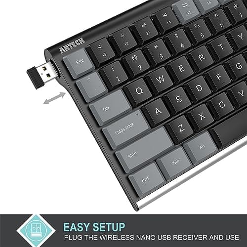 Arteck Mechanical 2.4G USB Wireless Performance Keyboard, Tacktile Quiet Brown Switches, Stainless Steel Low Profile for PC/Desktop/Laptop/TV and Windows 11/10 Built in Rechargeable Battery Gray 5