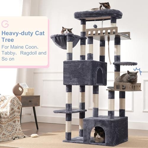 Gitelsnour Maine Coon Cat Tree, Heavy Duty Cat Tree for Indoor Cats Large Adult, Cat Tower for Large Cats 20 lbs+ with Hammock, 2 Big Perches, 2 Cat Condos, 15 Scratching Posts, Smoky Gray GCT033G 9