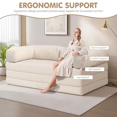 5-in-1 Convertible Folding Sofa Bed,Full Tri-Fold Mattress with Removable L-Shaped Armrests,Corduroy Boneless Couch Floor Sofa Futon Couch Sleeper with Pull Out Bed for Living Room Bedroom Apartment 8