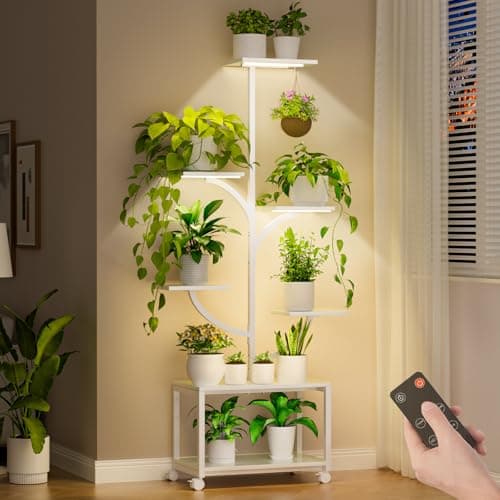 Oiyue Plant Stand Indoor with Grow Lights, 60" Tall 7-Tier Corner Plant Stand for Indoor Plants Growing, Metal Tree-Shaped Display Rack for Home, Patio - White