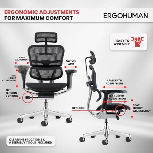 Ergohuman Eurotech ME7ERG GEN2 High Back Mesh Office Chair with Tilt Tension Control, Tilt Lock, Back Angle, Back Height, Synchro Tilt, Seat Height, Seat Depth, and Arm Height Adjustments, Black 8