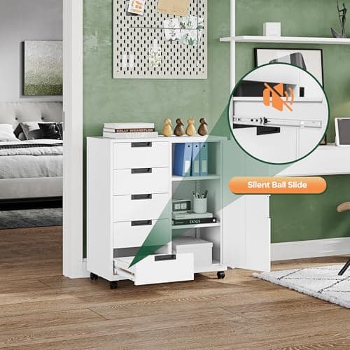 Letaya 5 Drawer Storage Cabinet, Mobile Printer Stand for Home Office,Dresser Chest with Shelves and Door(White) 7