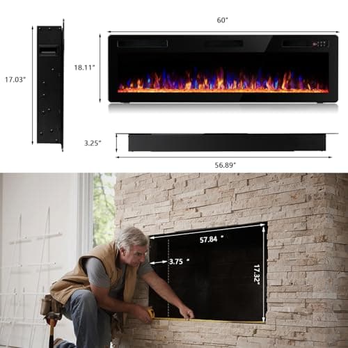Vitesse 60 Inch Ultra Thin Electric Fireplace-Narrow Bezel Linear Fireplace Heater Recessed Wall Mounted, Remote and Screen Control, 8H Sleep Timer, Low Noise, 750/1500W for Living Room, Bedroom 8