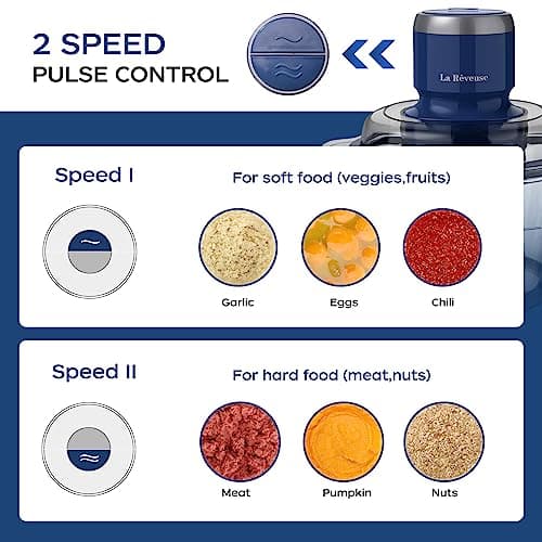 La Reveuse Food Processor,Electric Food Chopper with 7-Cup (1.7L) Glass Bowl, 4 Bi-Level Blades for Chopping,Grinding,Mincing,Whisking,Meal Prep,300W,Blue 9