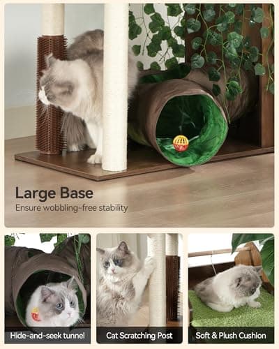 FourFurPets Large Cat Tree with Leaves, 72.8-Inch Cat Tower for Indoor Cats, Modern Cat Tree with Scratching Post, Large Perch, Tunnels, Swing Ball, Self Groomer, Greige 5