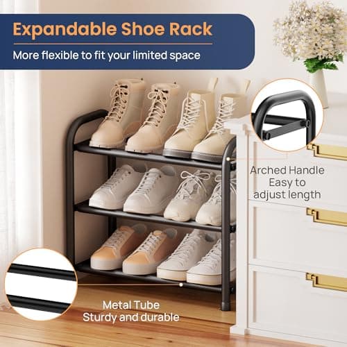 ENJOYBASICS Expandable Shoe Rack, 3 Tier Adjustable Shoe Organizer Shelf for Closet, Black Metal Free Standing Shoe Rack Storage for Small Space, Entryway 6