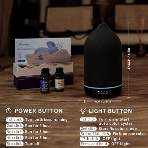 Gooamp 200ML Ceramic Essential Oil Diffuser - Ultrasonic Aromatherapy & Humidifier with 7-Color LED Lights, Auto Shut-Off, Black, 1H/3H/6H Timer | Scent for Home, Office, Yoga 6
