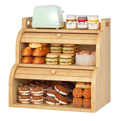HOOBRO Bread Box, Bamboo Bread Box for Kitchen Countertop, 2-Tier Roll-Top Bread Bin, Food Storage Box, Bamboo Storage Cabinet with Handles, for Kitchen, Dining Room, Natural YL15MB01 9