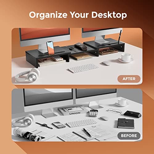 LORYERGO Monitor Stand Wood Material with Adjustable Length and Angle 2 Extra Functional Slot Monitor Riser Desktop Organiser Stand for PC Monitor Printer etc. Black 5