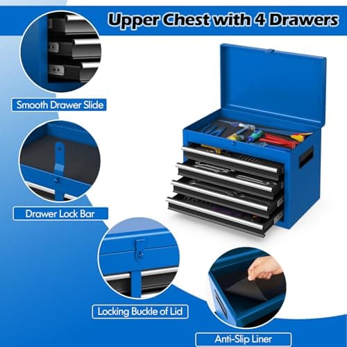 Goplus Tool Chest, 5-Drawer Rolling Cabinet with Detachable Top Toolbox, Lockable Wheels, Lock Bar, Protective Liner & Tool Rack, Metal Storage Cart for Garage Workshop 6