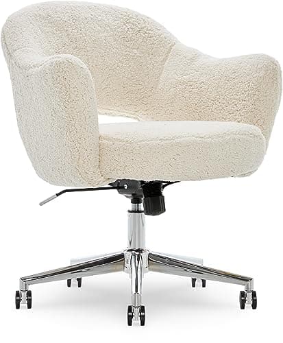 Serta Valetta Home Office Chair, Home Desk Chair with Memory Foam Padding, Midcentury Modern Style, Chrome-Finished Stainless-Steel Base, Cream Fuzzy Faux Fur 11