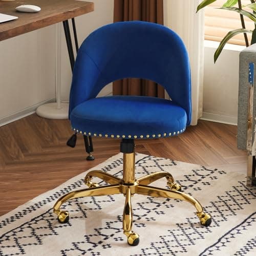 VINGLI Modern Velvet Small Office Chair,Cute Desk Chair with Wheels,Gold Base/Studs, Comfy Armless Swivel Vanity Task Chair for Women/Girl/Kids, Nail Tech Chair for Bedroom,Small Space,Navy Blue