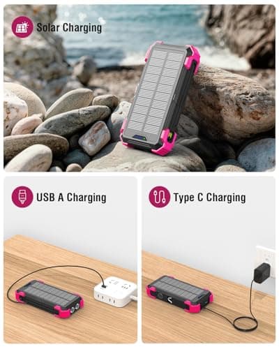Sudrov Solar Charger Power Bank, 42800mAh Wireless Portable Charger with USB-C in/Output, QC3.0 Fast Charging 15W 4 Ports Outdoor Battery Pack Built-in Dual Led Flashlights for iPhone Samsung etc Red 6