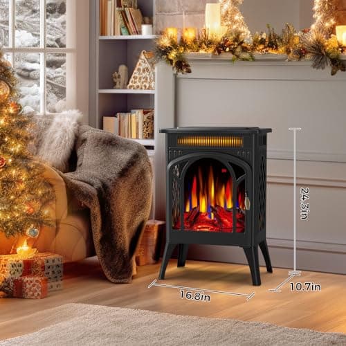 Electric Fireplace Stove, 1500W, Fast Heating, X Infrared Fireplace Heater with Remote Control, 8H Timer, Freestanding Stove with Adjustable 3D Flame Overheat Protection, Indoor Fireplace 3
