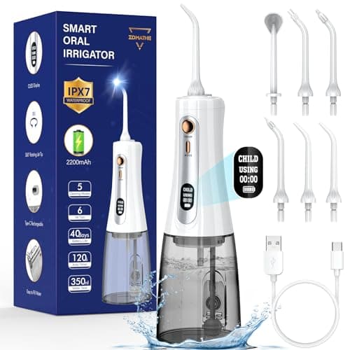 Water Flosser Portable, 350ML Large Tank with 5 Pressure Settings, Cordless Rechargeable Oral Irrigator with 6 Tips, OLED Display, IPX7 Waterproof for Travel & Home Use