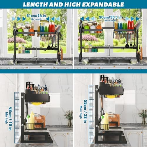 ADBIU Fit Sink 24.5"- 35.5" L Over Sink Dish Drying Rack (Expandable Dimension) Snap-On Design 2 Tier Large Kitchen Dish Rack Stainless Steel Counter Organization and Storage 5