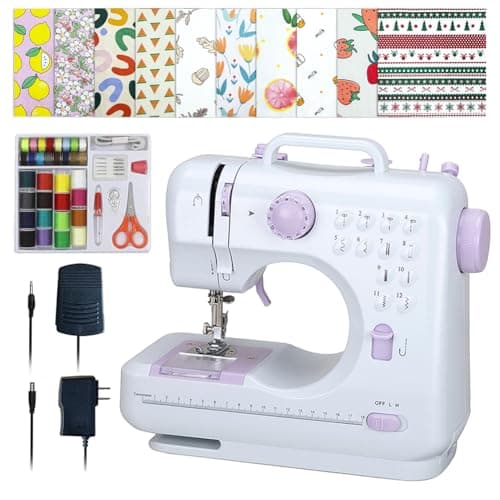 Sewing Machine for Beginners,Portable Sewing Machine with 12 Built-in Stitches,2 Speed(High-Low Speeds),2 Power Supply Method,20 Pcs Fabric and 32 Pcs Sewing Threads Kit,- (White and Purple)