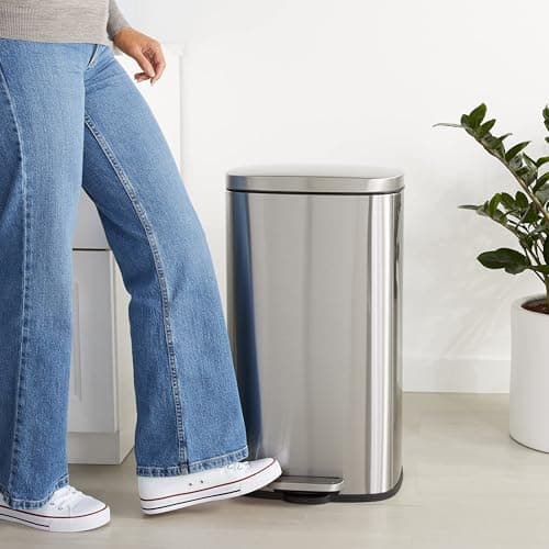 Amazon Basics Smudge Resistant Rectangular Trash Can with Soft-Close Lid, Foot Pedal, Removable Inner Bucket, 30 Liter/7.9 Gallon, Brushed Stainless Steel, Satin Nickel Finish, 13.8"L x 11.8"W x 25"H 2