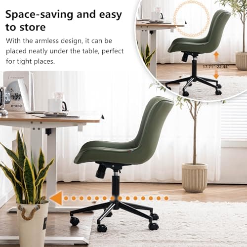 YOUNIKE Armless Home Office Desk Chair with Wheels Compact Comfy Vanity Chair with Adjustable Back Modern Small Leather Upholstered Rolling Swivel Cute Task Drafting Sewing Chair No Arms Olive Green 6
